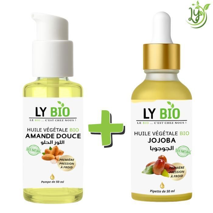 Pack Huile Amande Douce & Jojoba - LYBIO - 50ml - Pompe & Pipette - Soin Cheveux & Corps