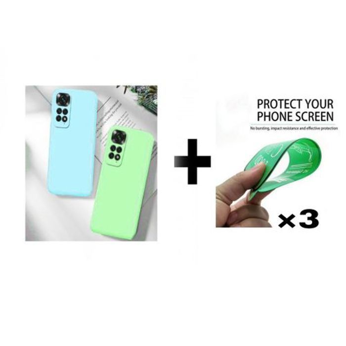 Case Pack: 2 Pochette Xiaomi Note11 4G Silicon Bleu Ciel,Vert Pistache + 3 Protection Incassable