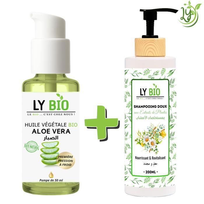 LYBIO PACK HUILE ALOE VERA 50ml - POMPE + SHAMPOOING AUX EXTRAITS DE PLANTES 200ML - NOURRISSANT & REVITALISANT