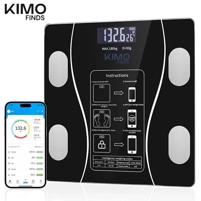 Balance connectée avec Bluetooth, capacité 180 kg, écran LCD clair et suivi corporel en temps réel via application mobile