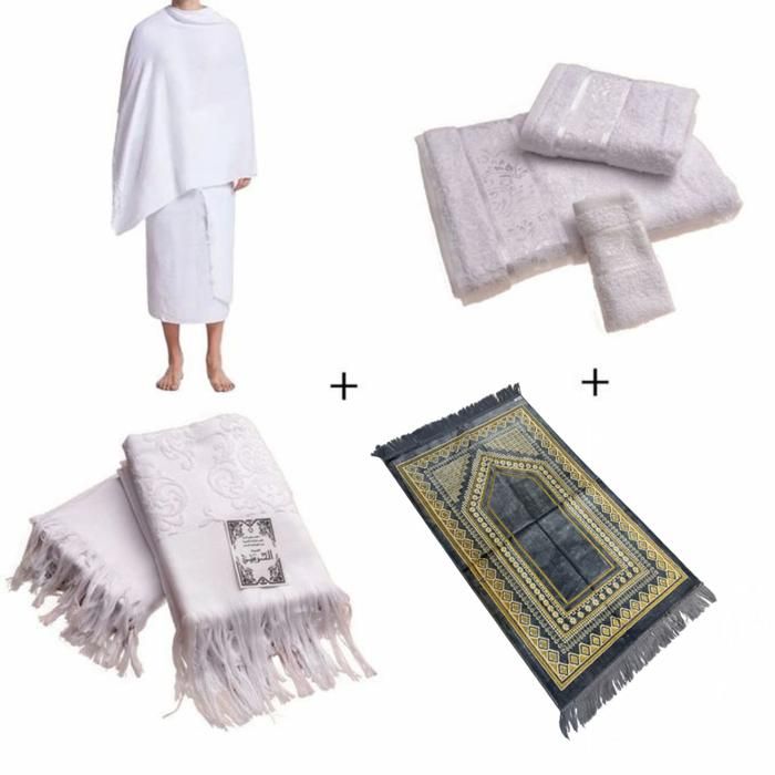 Pack Al Omra , 2 ihram, 3 serviettes, 1 tapis de prière gris multi motif