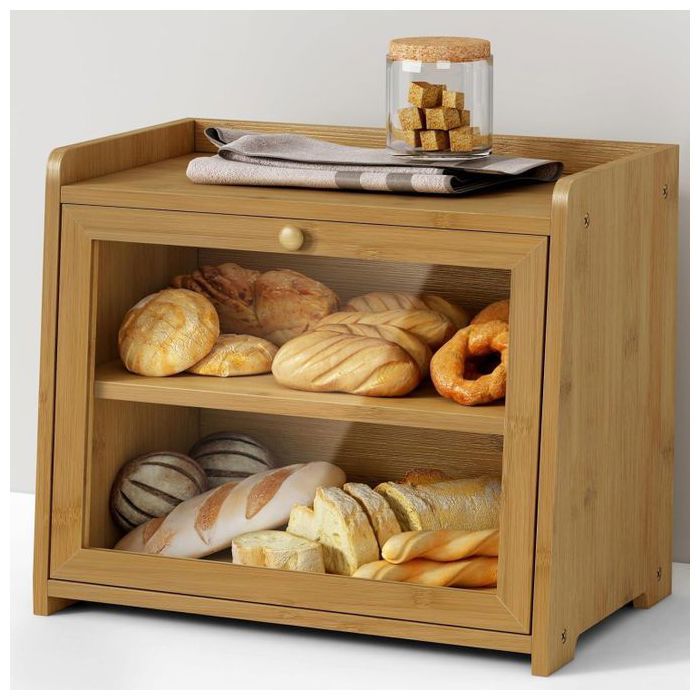 Boîte à Pain - GENERIC - Bambou - Couvercle Transparent - Rangement Vintage - 2 Compartiments