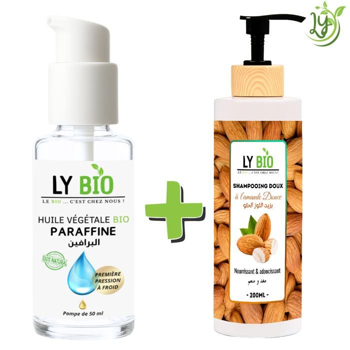 Pack Huile Paraffine 50ML - LYBIO - Shampooing Amande Douce 200ML - Nourrissant - Adoucissant - Mixte