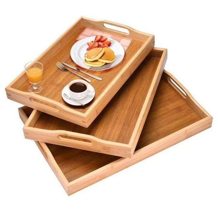 Set de 3 Plateaux en Bois avec Poignée Solide pour Café, Thé et Petit Déjeuner