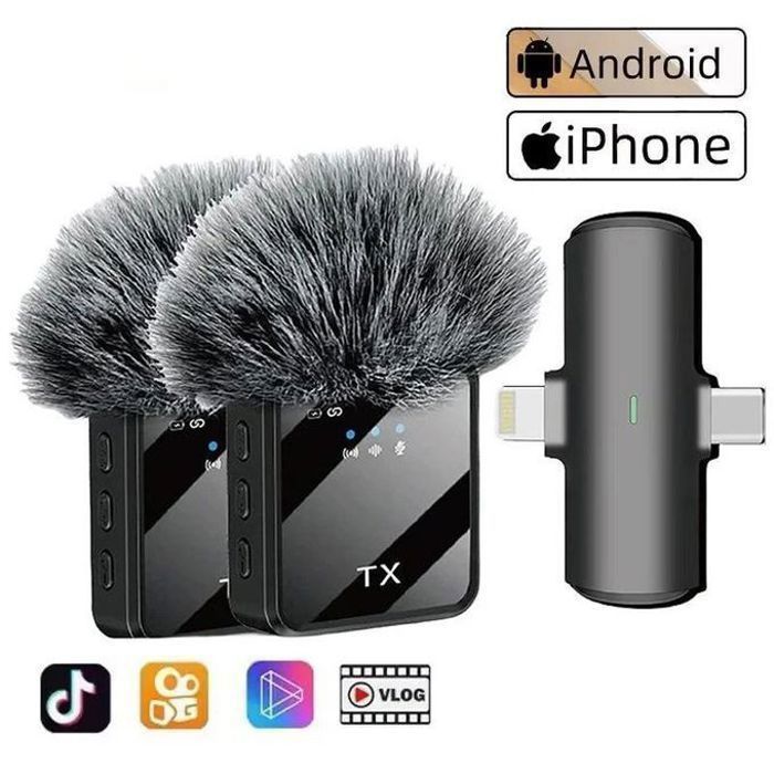 Microphone sans fil - F15-2 - Lavalier - 20 mètres - 1 récepteur + 2 émetteurs - Compatible iPhone et Android