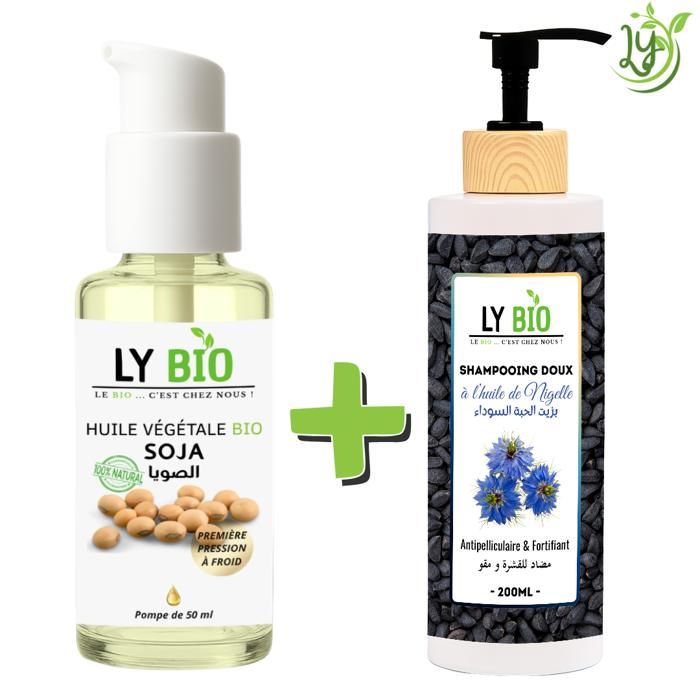 Pack Huile Soja 50ml - LYBIO - Shampooing Huile de Nigelle 200ml - Antipelliculaire - Fortifiant - Hydratant
