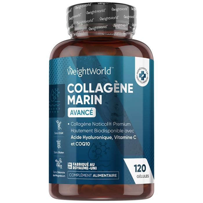 ollagène Marin Type 1, 1200mg + Acide Hyaluronique + CoQ10, Vitamine C - 120 Gélules - Peptides de Collagène NatiCol - maxmedix