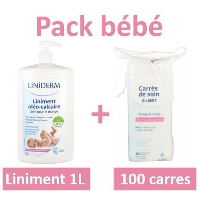 Gilbert PACK LINIDERM LINIMENT OLEO CALCAIRE SOIN POUR CHANGE 1 L +CARRES COTONS DE SOIN VISAGE ET CORPS 100 CARRES