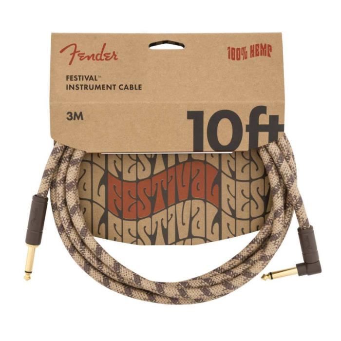 Câble jack Fender coudé Festival Instrument, Pure Hemp, Brown Stripe - 3m