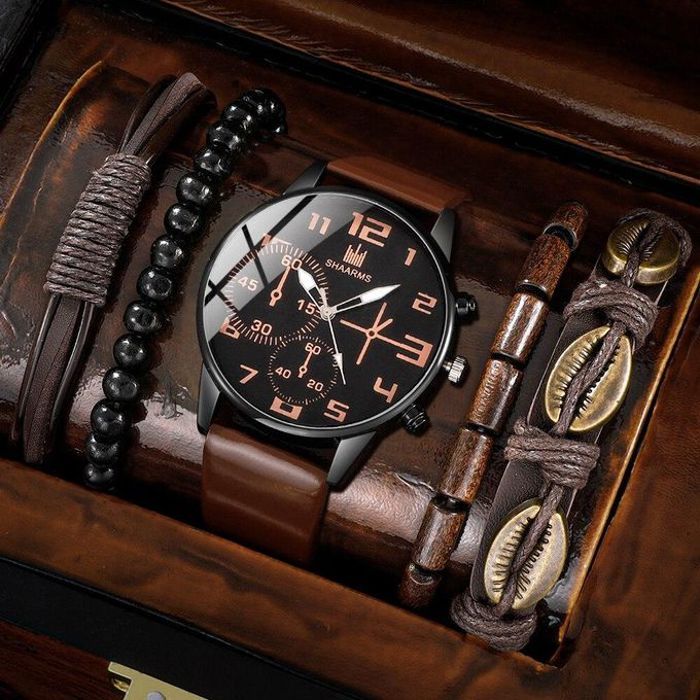 Montre-bracelet à quartz à grand cadran rétro pour hommes,bracelet de sport,classique, décontracté, marron, cuir, mode masculine, en