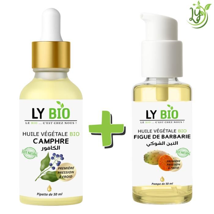 Pack de soins - LYBIO - Huile Camphrée 50ml - Pipette - Huile Figue de Barbarie 50ml - Pompe