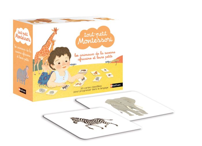 Coffret Montessori Nathan - Les animaux de la savane africaine et leurs petits - 30 cartes réalistes