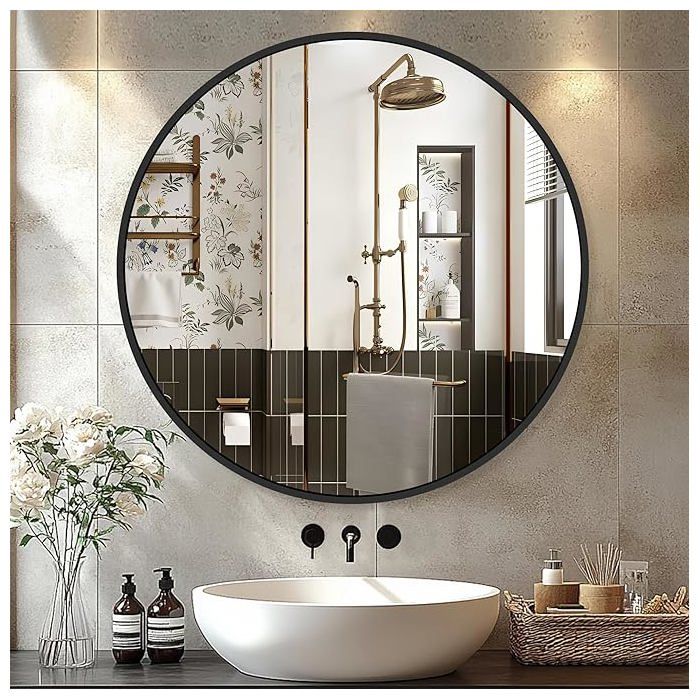 Miroir mural - GENERIC - Rond 70 cm - Cadre en Bois Laqué Noir - Design élégant - Installation facile