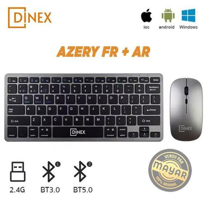 Combo Clavier et Souris Sans Fil - DINEX - Bluetooth 5.0 - AZERTY + Arabe - Ultra-fin - Rechargeable