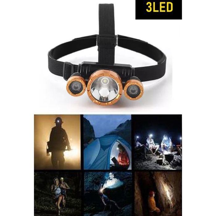Lampe frontale 3 led dorée rechargeable usb camping