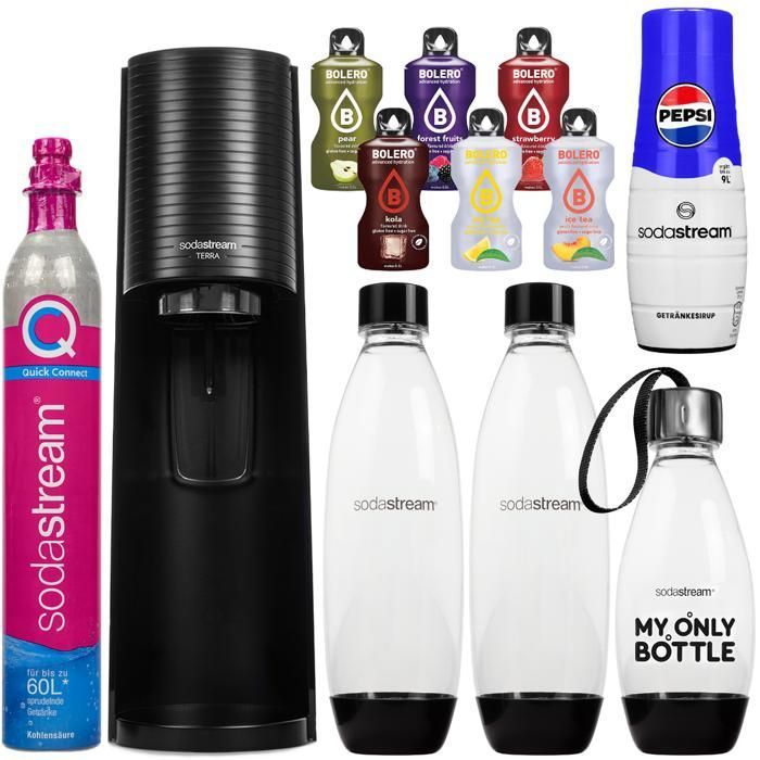 Saturator för kolsyrat vatten - Sodastream - Terra - Svart - 3 flaskor - Pepsi-sirap - Snabbkopplingskapsel