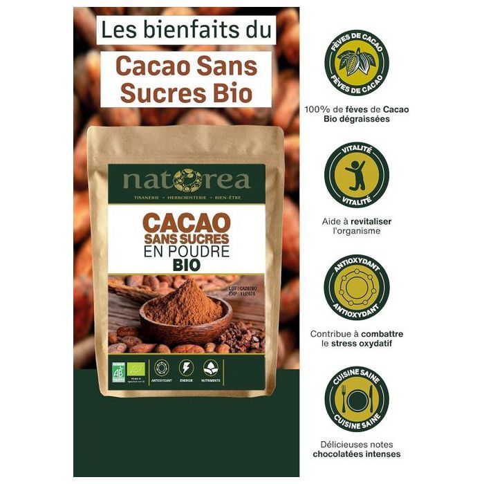 Natorea Cacao Sans Sucre en Poudre Bio 500G 100% de Fèves de Cacao Dégraissées Bio Goût chocolaté intense Qualité Supérieure
