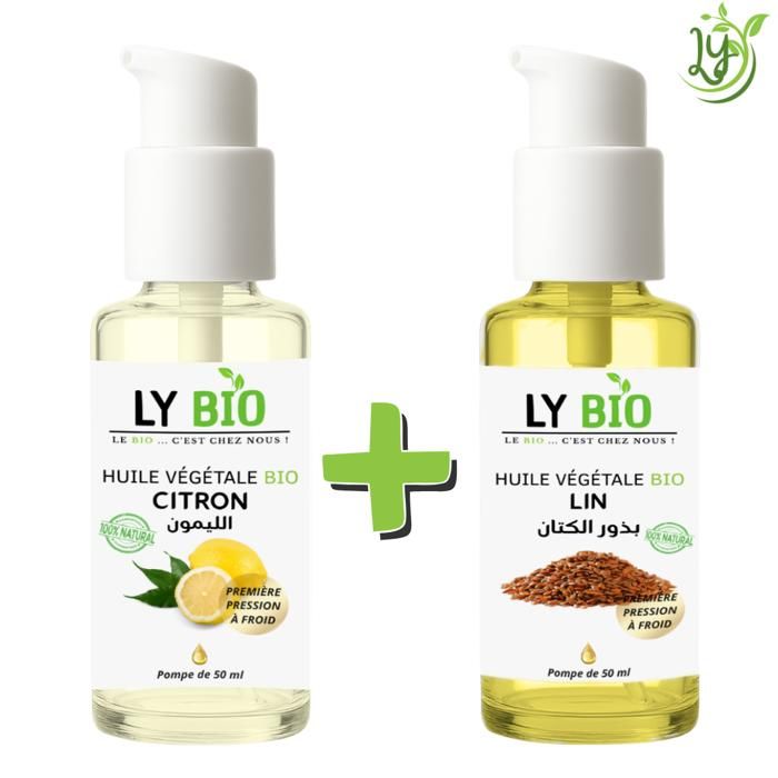 Pack Huile - LYBIO - HUILE CITRON 50ML - POMPE - HUILE LIN 50ML - POMPE - Brillance et Hydratation