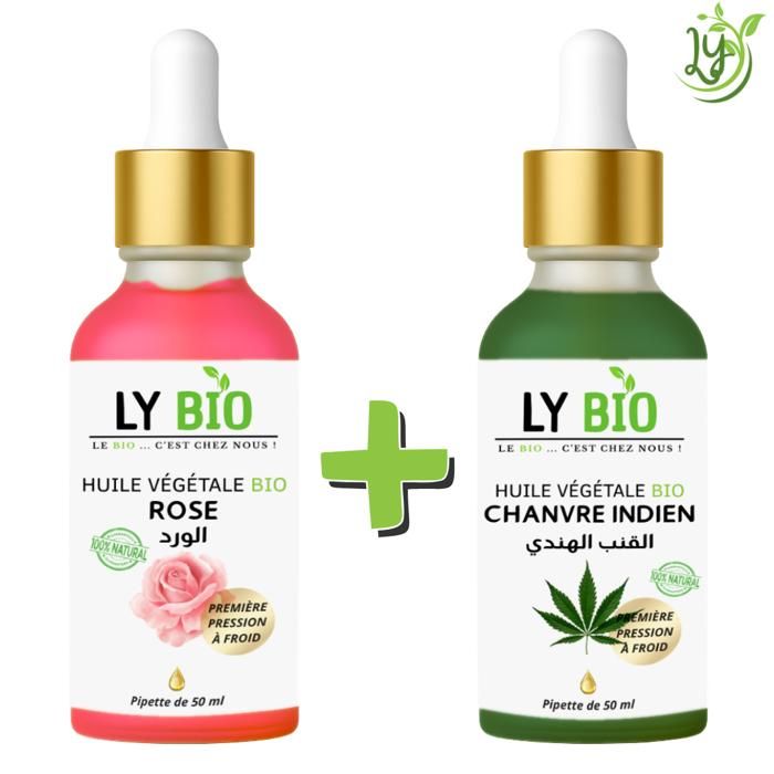 Pack Huile - LYBIO - Huile Rose 50ml - Pipette - Huile Chanvre 50ml - Pipette - Hydratant