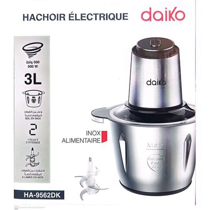 Hachoir Multifonctions - Inox - 3L - 500W - 2 Vitesses - 6 Lames Détachables