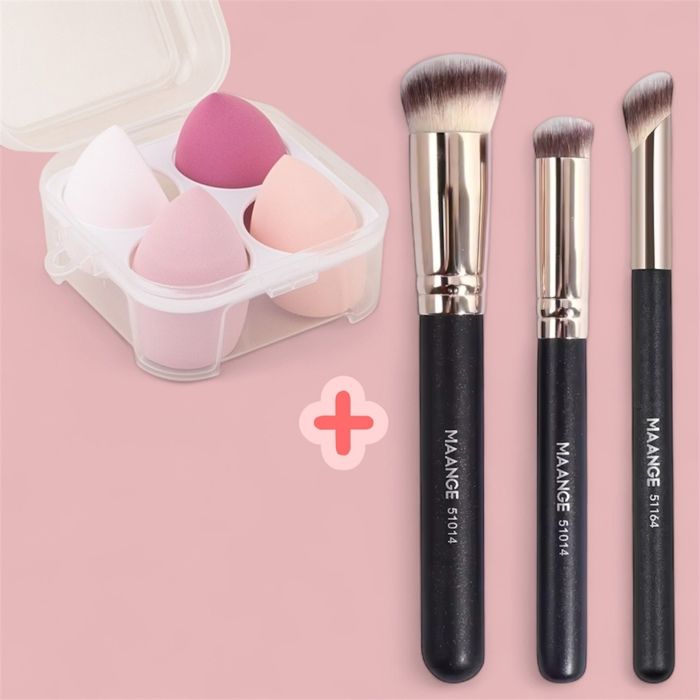 Set 3 Pinceaux de Maquillage + 4 Éponges avec Boîte Pratique – MAANGE™