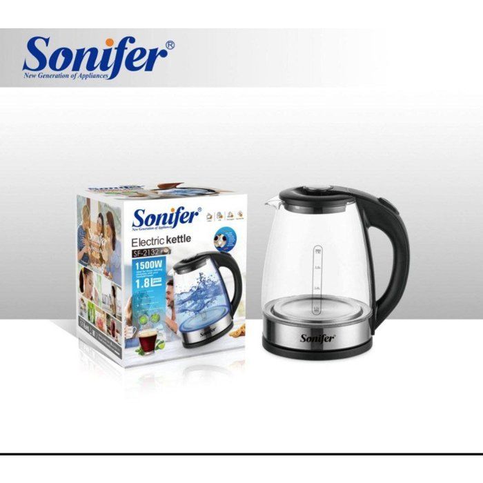 Bouilloire Électrique Sonifer SF-2132 - 1500W - Transparente - Grande Capacité 1,8 Litre - Bouilloire en Verre de Haute Qualité