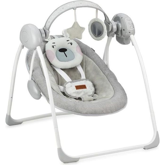 MoMi LISS - Balancelle Bébé Électrique - 5 vitesses de balancement - 8 mélodies - arche à jouets - Gris