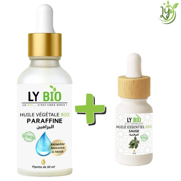 Pack Huile - LYBIO - HUILE PARAFFINE 50ML - PIPETTE - HUILE ESSENTIELLE SAUGE 10ML - Hydratant
