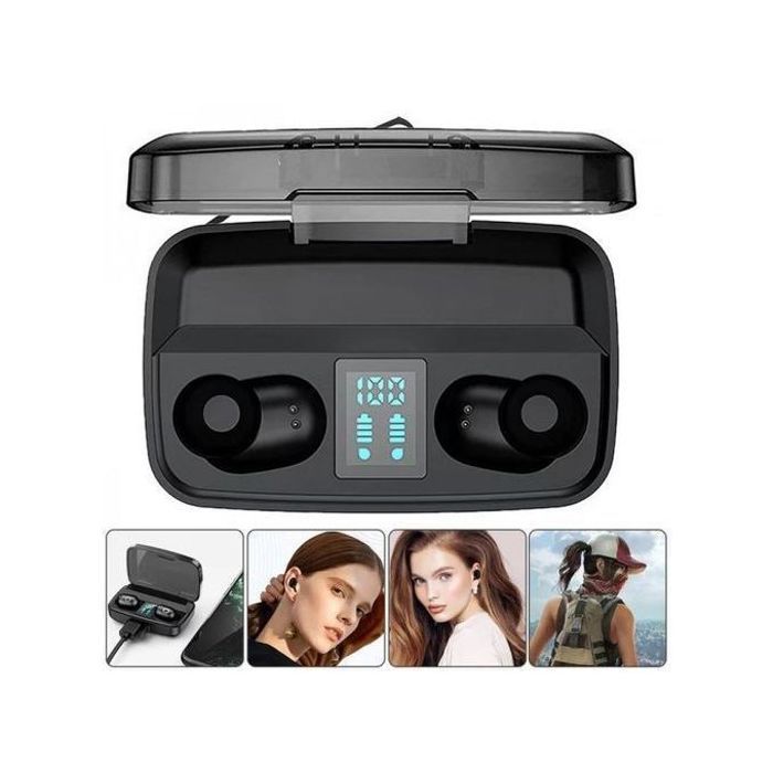 Écouteurs Bluetooth sans fil TWS A10S - Noir - Bluetooth 5.0, Affichage de l'autonomie de batterie, Powerbank intégré