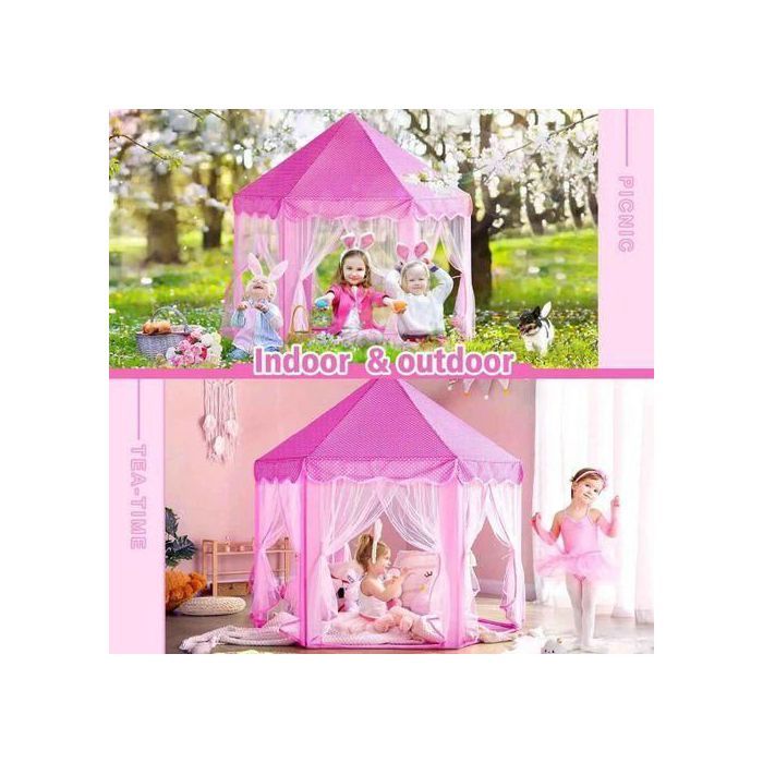 Tente Château de Princesse Hexagonale en Polyester pour Enfants – Intérieur et Extérieur (Rose)