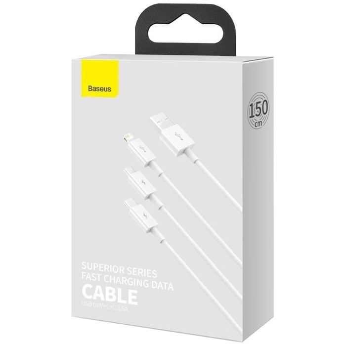 Câble USB 3-en-1 - Baseus - 1,5 m - Charge 3,5 A - Compatible Apple/Android/Type C - ABS/TPE