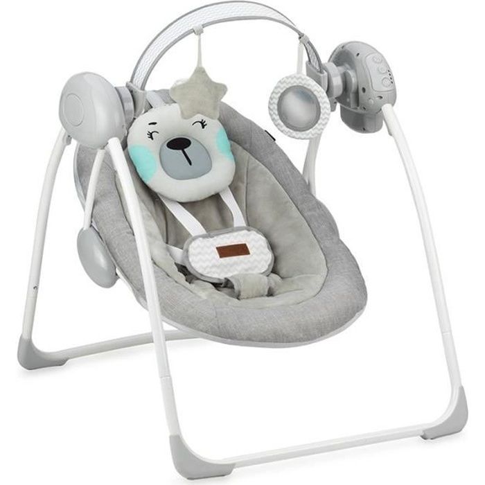 MoMi LISS - Balancelle Bébé Électrique - 5 vitesses de balancement - 8 mélodies - arche à jouets - Turquoise