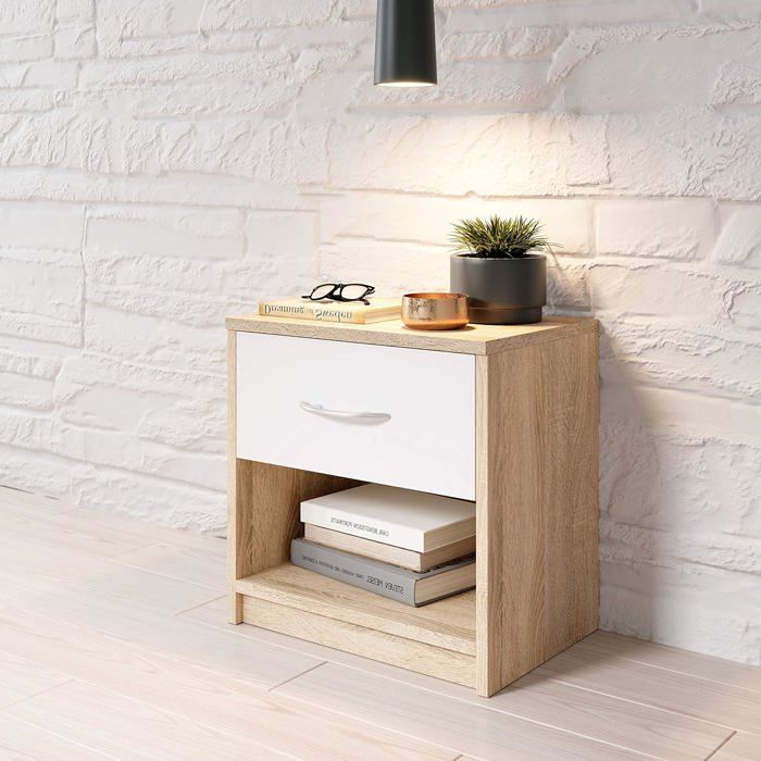 Table de Chevet - MDF - Chêne Sonoma - 1 Tiroir - Beige - Élégance Chic