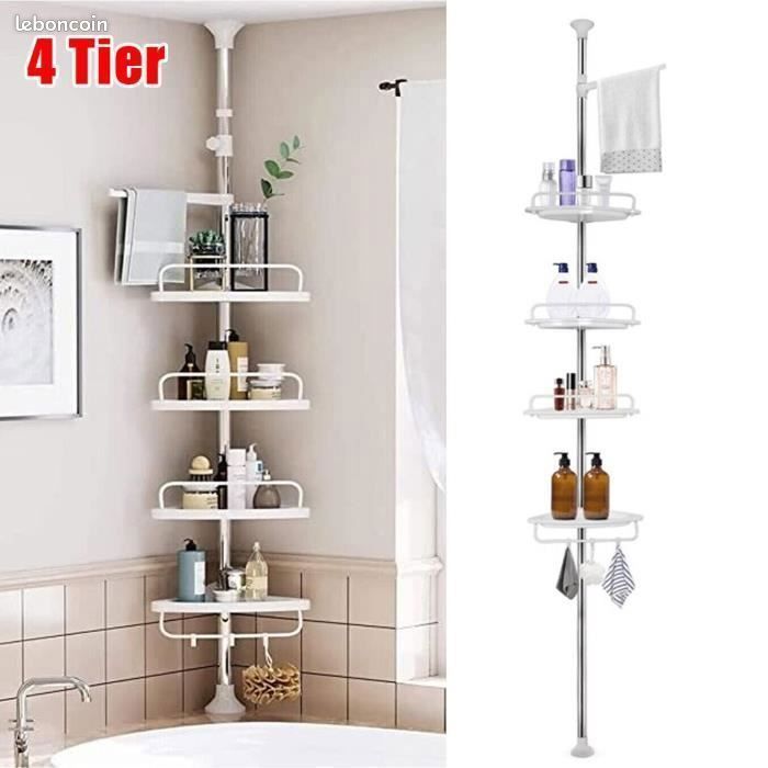 Etagère d'angle Téléscopique - Avec 4 Tablettes + Crochets - Réglable en Hauteur - 105-310cm - Blanc