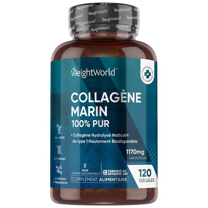 Collagène Marin Hydrolysé 100% Pur Type 1, 1170mg 120 Gélules, Peptides de Collagène Hydrolysé NatiCol