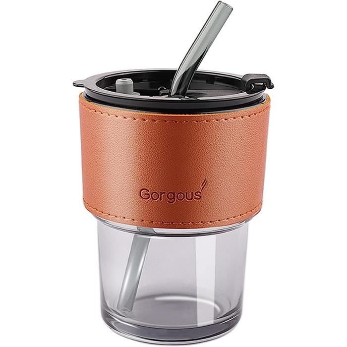 Verre à Eau avec Couvercle et Paille, Mug Verre Hermétique et étanche, pot Tasse thé Bulle avec Manchon Isotherme, 450 ml Gris
