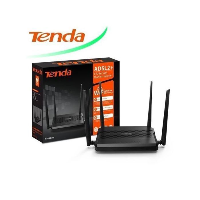 tenda Modem Routeur Wifi - ADSL2+, USB, 4 Antennes - Noir