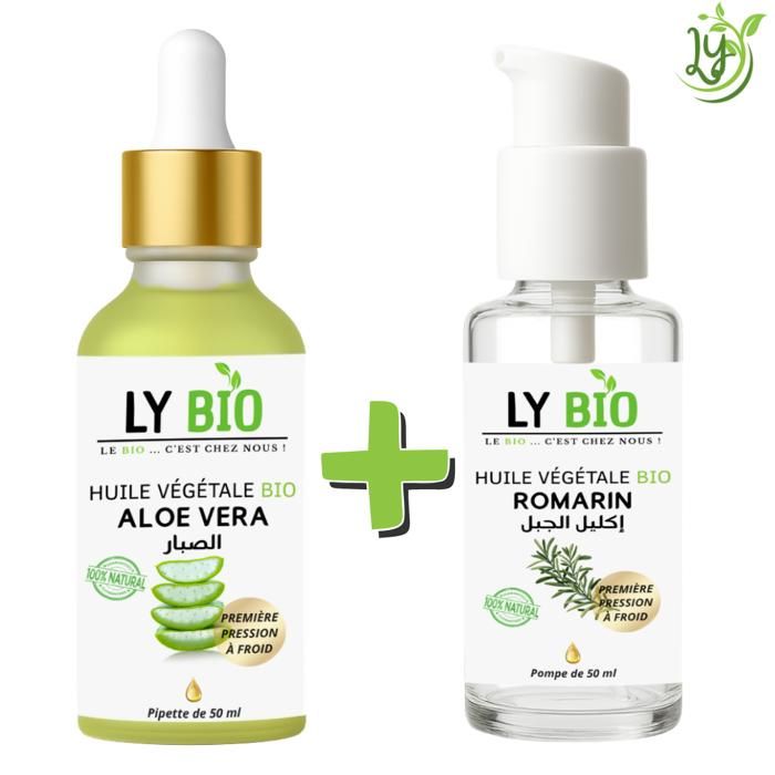 Pack Huile Aloe Vera - LYBIO - 50ml - Hydratante - Huile de Romarin - 50ml - Tonifiante
