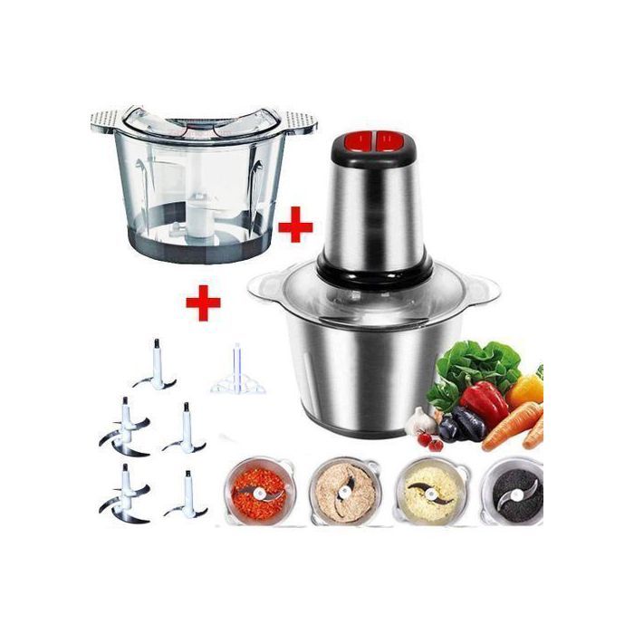 Cooking Hachoir électrique 2 bols Inox et Verre + 5 Lames et batteur et spatule 3L