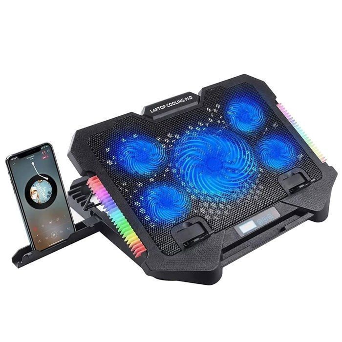 Support de refroidissement pour ordinateur portable S500 Gaming avec support pour téléphone portable – 5 ventilateurs LED bleus