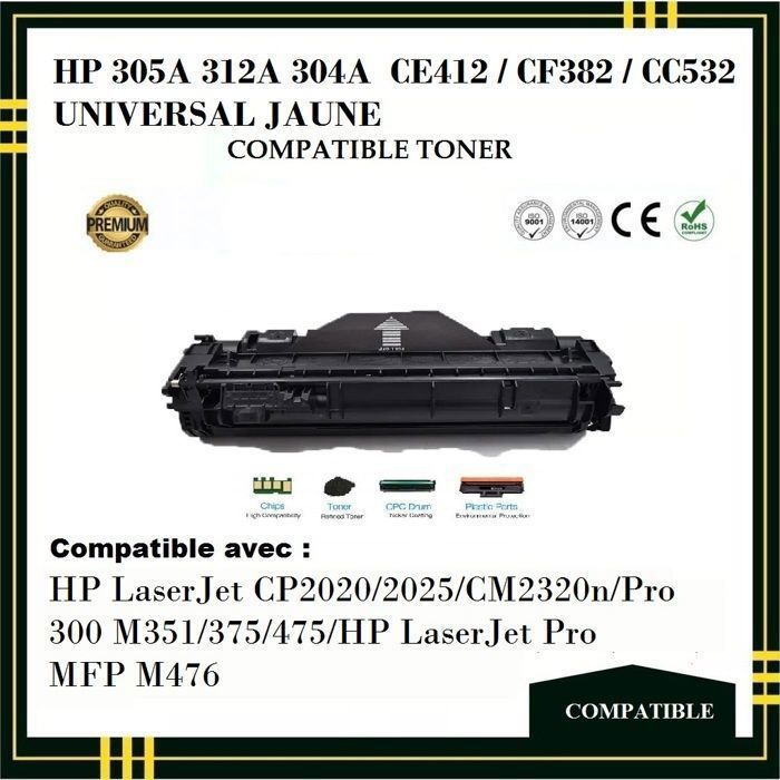 Toner - HP - 305A/312A/304A - Jaune - Compatible - Pack de 4