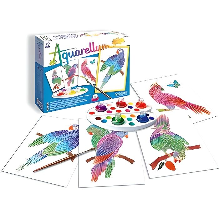 SENTOSPHERE - Aquarellum Junior Perroquets - Coffret de 4 tableaux sertis sur le thème des perroquets