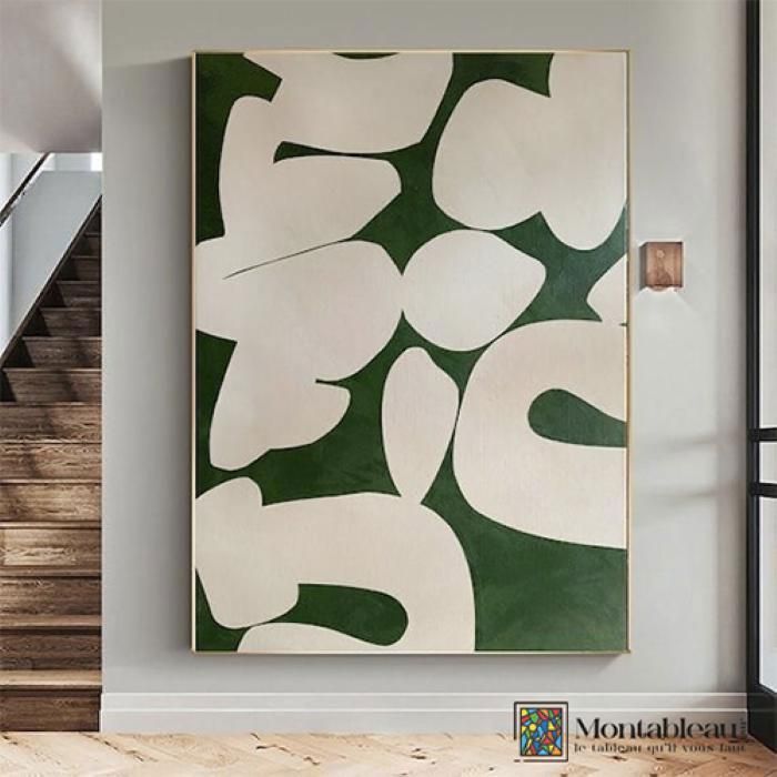 Art mural - Impression sur toile - Vert foncé - 100cm x 65cm - Cadre doré