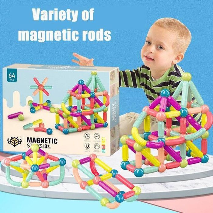 Jeu de Construction Magnétique - Bâtonnets et Boules 64Pcs