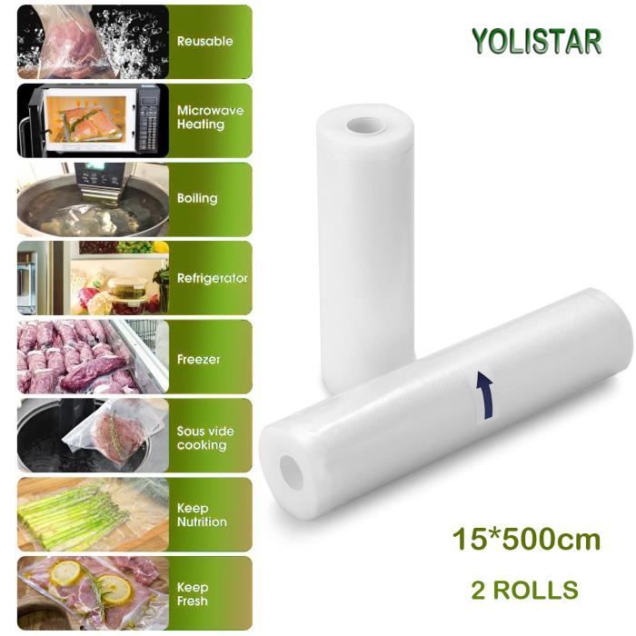 Sacs Sous vide Pack de 2 rouleaux 15x500cm, Sac sous vide alimentaire pour appareil sous vide, économiseur de nourriture et sous vi