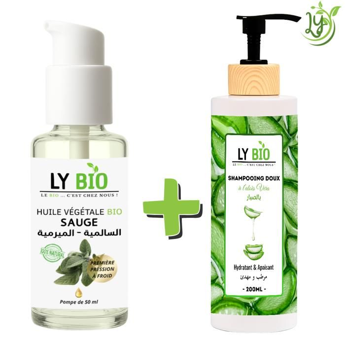 LYBIO PACK HUILE SAUGE 50ML - POMPE + SHAMPOOING ALOE VERA 200ML - HYDRATANT & APAISANT