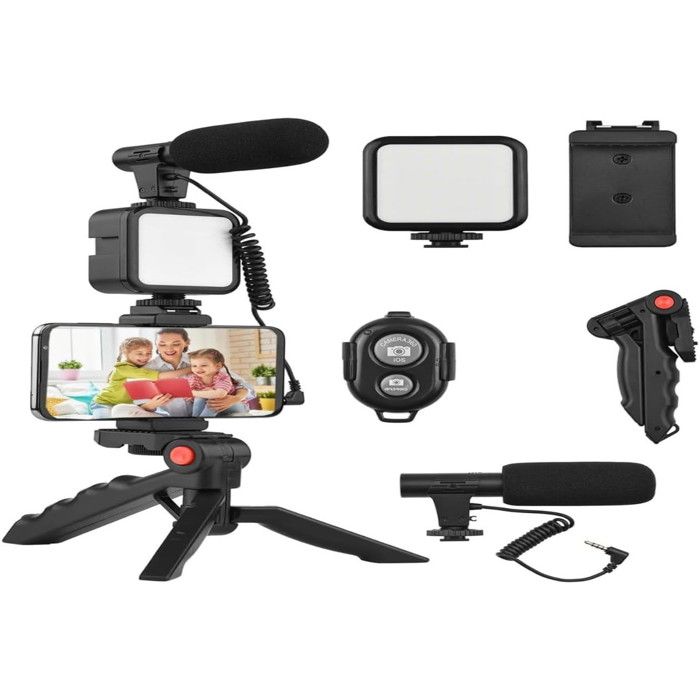 Kit de vlogging pour iPhone, Android (avec trépied), avec mini lampe vidéo LED,