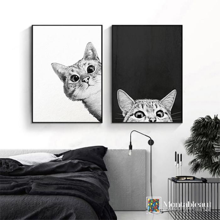Tableau décoratif - Chats noirs et blancs - 2 tableaux - 60x40 cm - Impression sur canvas
