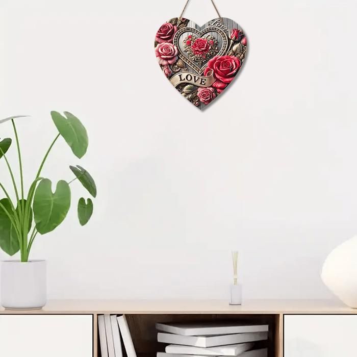 Décoration murale - OUTFITS AND MORE - Panneau en bois cœur - Roses rouges - 20x20 cm - Intérieur