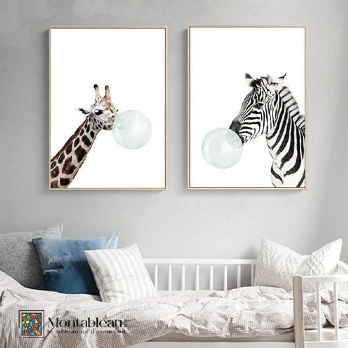 Tableau décoratif - Zèbre et girafe - 2 tableaux - 60x40 cm - Impression sur bâche avec cadre doré